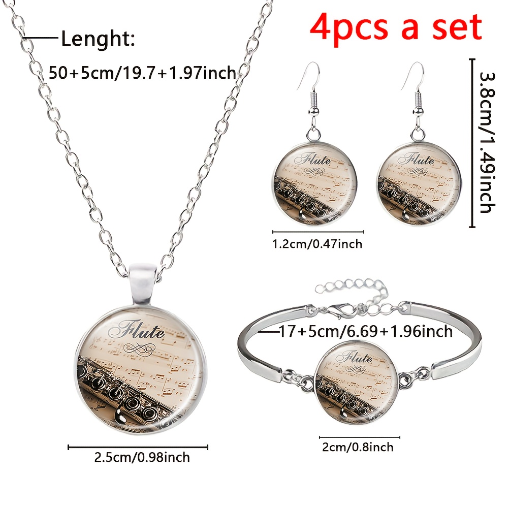 4pcs White Jewelry Set, Necklace, Bracelet & Earrings, Glass-Inlaid Pattern